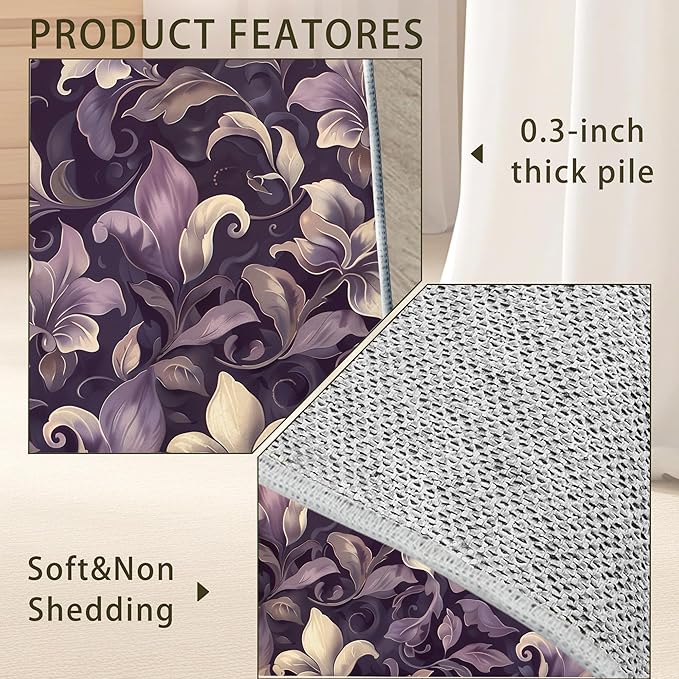 Purple Luxury Floral Texture Rug for Living Room 3x5, Low Pile Non-Slip Backing, Machine Washable Easy Fold Rug for Home, Office, Dorm Room
