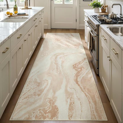 Ciicool 2x6 Washable Runner Rug, Modern Abstract Soft Hallway Rugs Runner, Non-Slip Thin Accent Rug Lightweight Light Brown Beige Print Distressed Carpet for Laundry Entryway Bedroom Kitchen Indoor