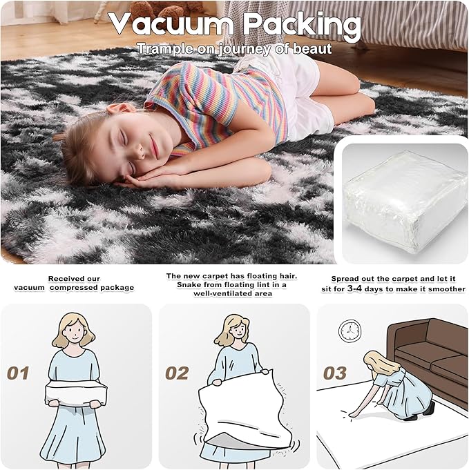 Black and White Rugs for Bedroom, 4x6 Fluffy Small Area Rugs for Living Room, Soft Shag Fuzzy Carpet with 4 Non-Slip Stickers for Kids Boys and Girls Nursery Room Dorm Home Decor (4ft x 6ft)