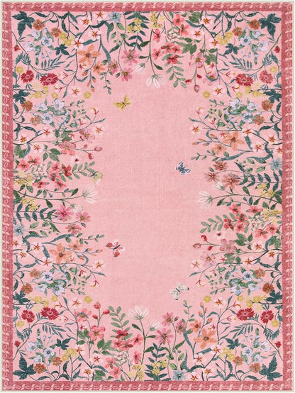 Wonnitar Washable Pink Floral 9x12 Rugs for Bedroom, Non-Slip Living Room Area Rug, Cute Nursery Large Botanical Area Rug, Soft Floor Carpet for Playroom Closet (Pink,9'x12')