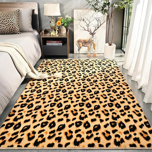 Amearea Soft Leopard Rugs for Bedroom Living Room, 6x9 Modern Cheetah Print Thickened Memory Foam Rug, Fluffy Indoor Washable Animal Rugs Carpet for Kids Boys Girls Dorm Nursery Room Decor, Khaki