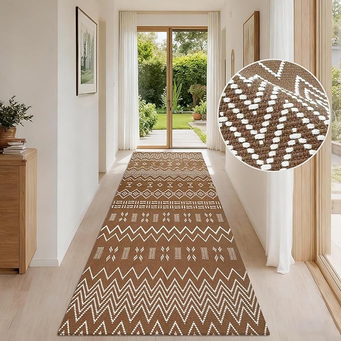 Boho Runner Rug for Kitchen 2x6 ft Washable Braided Rug,Non Slip Rubber Backed Faux Jute Rug,Cotton Entryway Runner Rugs Floor Carpet for Indoor Backdoor Bedroom,Brown/White