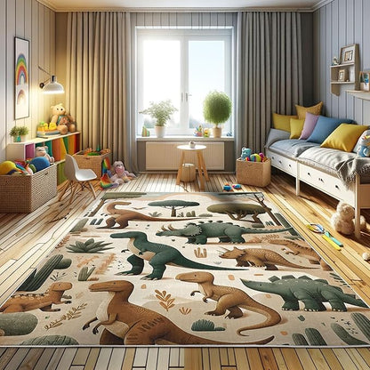 Ambesonne Dinosaur Decorative Rug, Jurassic Scenario Cartoon Animals in Wilderness Cloudy Sunrise Back, Quality Carpet for Bedroom Dorm and Living Room, 2' 2" x 3' 7", Ginger Olive Green Salmon