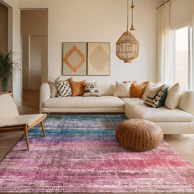 Kokia Abstract Area Rugs 8x10 Bedroom Soft Living Room Rugs Washable Distressed Vintage Comfy Red Carpet with Non-Slip Backing for Farmhouse Home Office Room Decor, Oslo Orchid