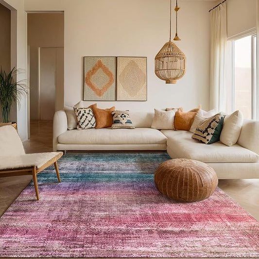 Kokia Abstract Area Rugs 8x10 Bedroom Soft Living Room Rugs Washable Distressed Vintage Comfy Red Carpet with Non-Slip Backing for Farmhouse Home Office Room Decor, Oslo Orchid