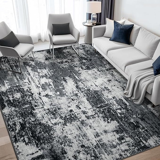Washable Area Rugs7'x9' Non-Slip Modern Abstract Soft for Living Room Entryway Bedroom Nursery, Print Pattern, Black Gray