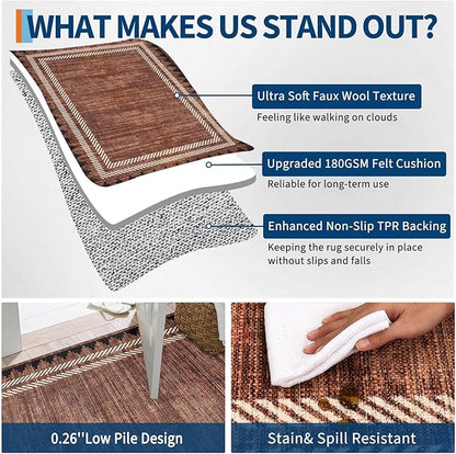 Living Room 8x10 Washable Soft Area Rug for Dining Room Living Room Foldable Non Slip Soft Indoor Carpet Modern Geometric Bordered Stain Resistant Bedroom Laundry Rugs with Rubber Back, Brick Red
