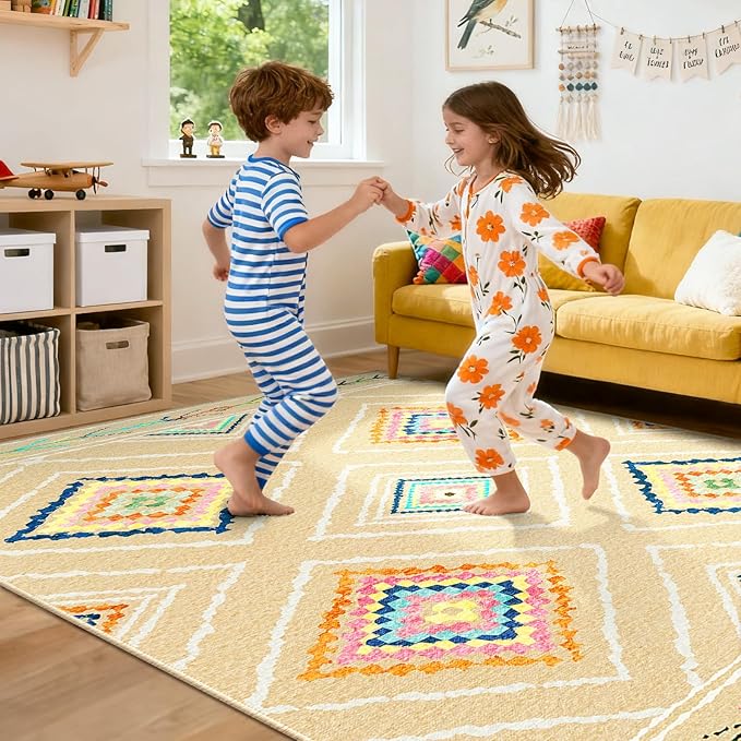 Area Rug 9x12 Rug Machine Washable Non-Slip Low Pile Print Pattern Western Rug for Living Room Bedroom Entryway Tribal Series -Cream/Beige
