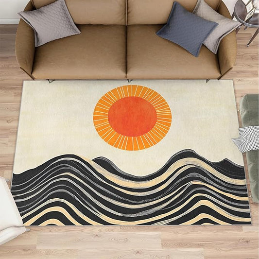 Boho Sun Area Rugs 4x5ft, Watercolor Mountain Kids Play Rug, Abstraction Deco Throw Rugs Bedroom Fluffie Soft for Coffee Shop Living Room Under Table Game Room