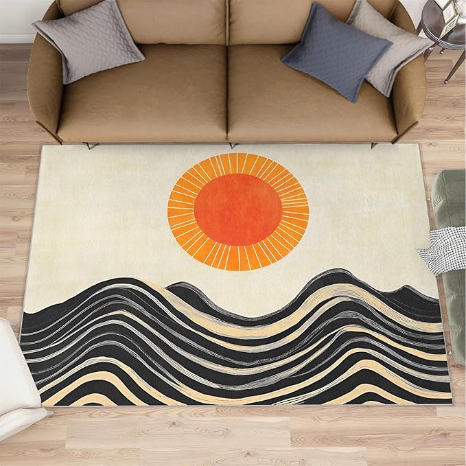 Boho Sun Runner Rugs 3x6ft, Watercolor Mountain Bedside Rug, Abstraction Deco Laundry Rug with Non Slip Backing for Bedroom Kitchen Sink Front Door Entryway Indoor