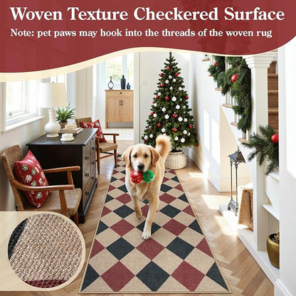 Lahome Christmas Runner Rug, 2x8 Christmas Kitchen Decor Checkered Non Slip Entryway Runner Rug, Checkerboard Red and Black Indoor Outdoor Xmas Decorations for Hallway 8ft Entry Bathroom
