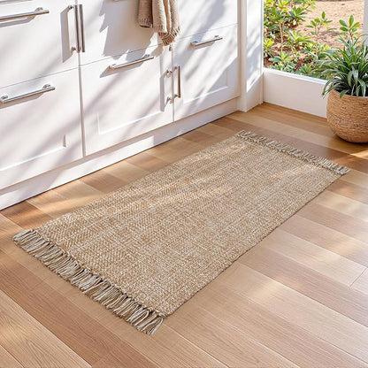 Collive Kitchen Runner Rug, 2' x 4.3' Hand-Woven Reversible Washable Rugs, Tan Cotton Modern Farmhouse Bathroom Mat Hallway Carpets for Foyer Bedroom Entry Back Door Decor
