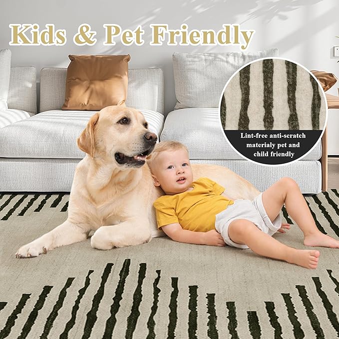 HelloTree Area Rug for Living Room 6x9 Washable Geometric Moroccan Rug Stripe Farmhouse Bohemian Minimalistic Non Slip Non Shedding Ultra Thin Soft Rug for Bedroom Office DiningRoom Nursery-Cream
