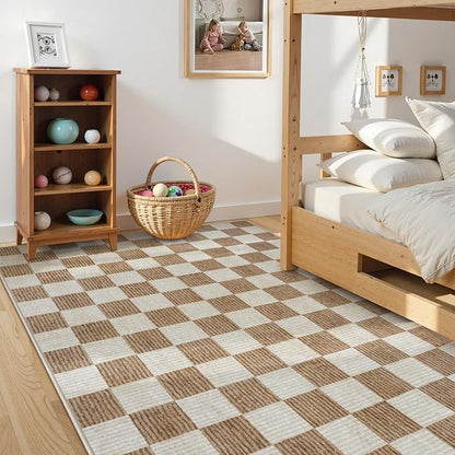 LIVEBOX Machine Washable Area Rug 6x9 Checkered, Non Slip Soft Large Bedroom Living Room Rug Farmhouse Neutral Classic Geometric Boys Rug, Indoor Carpet for Den Dorm Playroom(Brown,6'x9')