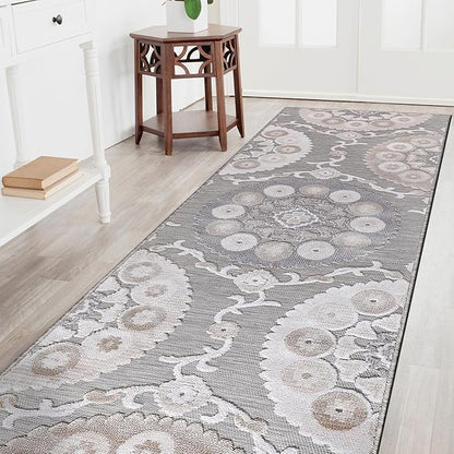 CAMILSON Runner Outdoor Rugs Oriental Retro Traditional Floral Medallion Area Rug 2x10 Non-Shedding Stain Resistant Indoor Carpet for Bathroom Hallway Kitchen Office (2 x 10 / Beige)