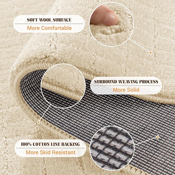 Shilucheng Wool Rug 8x10 Non-Slip, Blend 80% Wool and 20% Cotton Rugs for Living Room, Bedroom, Dinning Room, Soft Durable Cotton Backing Modern Area Rug (Beige/White)