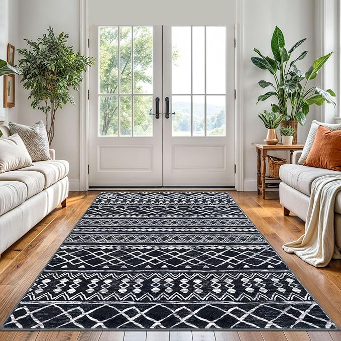 KUTA Area Rug 5x7 Black, Washable Boho Large Living Room Moroccan Rugs Non-Slip, Ultra Soft Geometric Traditional Farmhouse Carpet for Dining Room Bedroom Dorm Office Home Décor