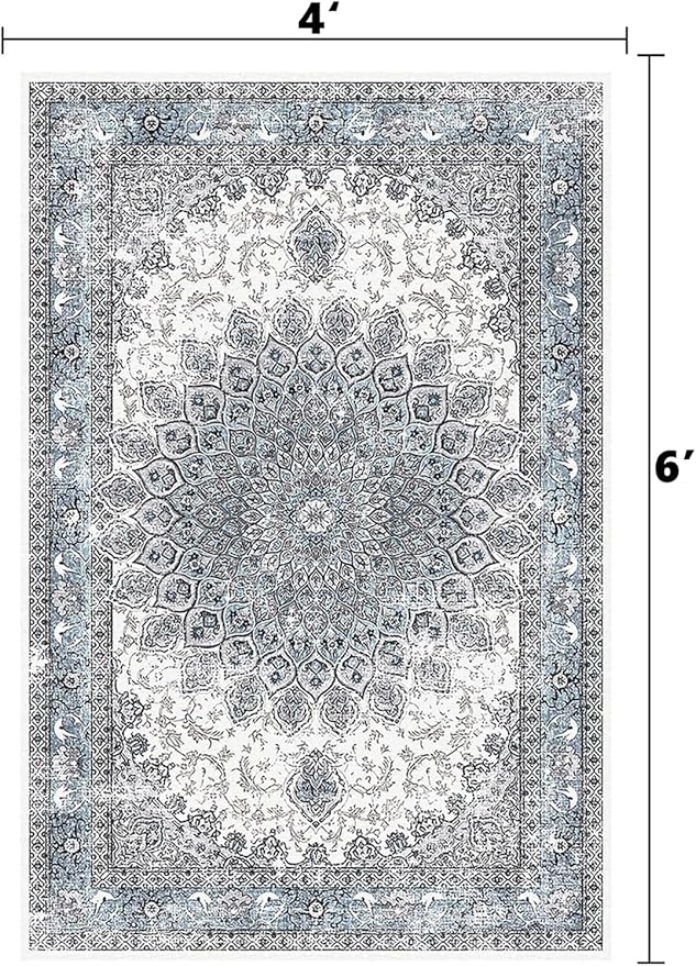 4’x6’ Area Rugs for Living Room Non Slip Washable Low Pile Area Rugs for Bedroom Dining Foldable Vintage Carpets Blue