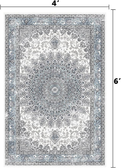 4’x6’ Area Rugs for Living Room Non Slip Washable Low Pile Area Rugs for Bedroom Dining Foldable Vintage Carpets Blue