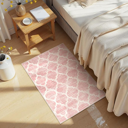 Lahome Moroccan Washable 2x3 Rugs Pink Bathroom Rugs Non-Slip Bathroom Mats,Kitchen Rugs Throw Kids Nursery Rug, Small Soft Girls Dorm Bedside Rug Modern Trellis Carpet for Bedroom Laundry Living Room