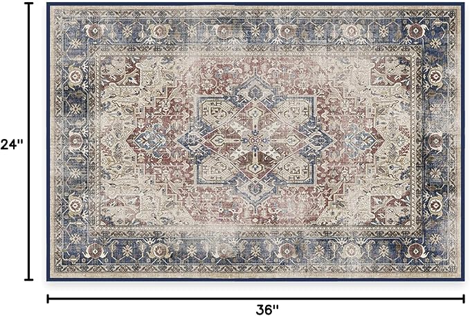 RUGGABLE Washable Vintage Area Rug – Kamran Royal Blue 2x3, Stain-Resistant, Non-Slip – Small Machine Washable Rugs for Living Room, Bedroom, Hallway, Entryway & Bathroom–with Cushioned Pad