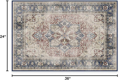 RUGGABLE Washable Vintage Area Rug – Kamran Royal Blue 2x3, Stain-Resistant, Non-Slip – Small Machine Washable Rugs for Living Room, Bedroom, Hallway, Entryway & Bathroom–with Cushioned Pad