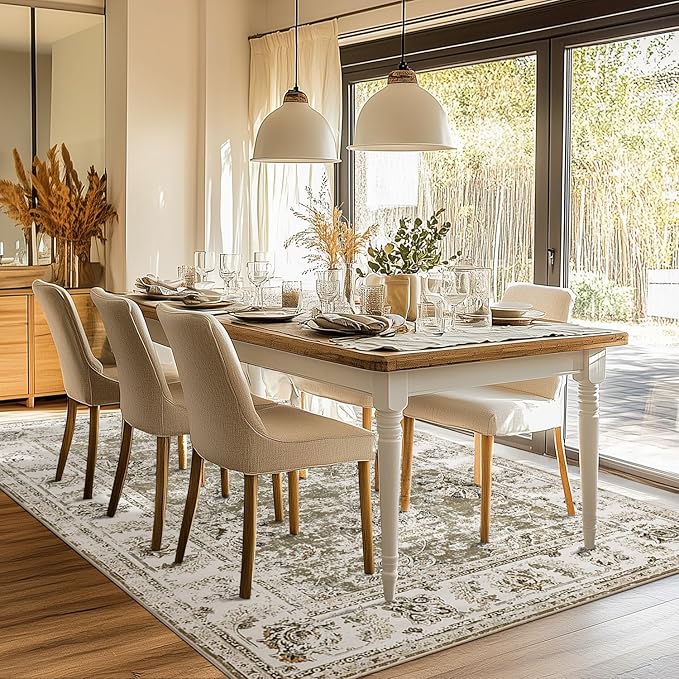 jinchan Fiora Washable Area Rug 5x7 Ultra-Thin Low Pile Non Slip Stain Resistant Soft Faux Wool Floral Distressed Vintage Carpet for Bedroom, Living Room, Dining Room, Kitchen, Nursery(Taupe, 5' x 7')