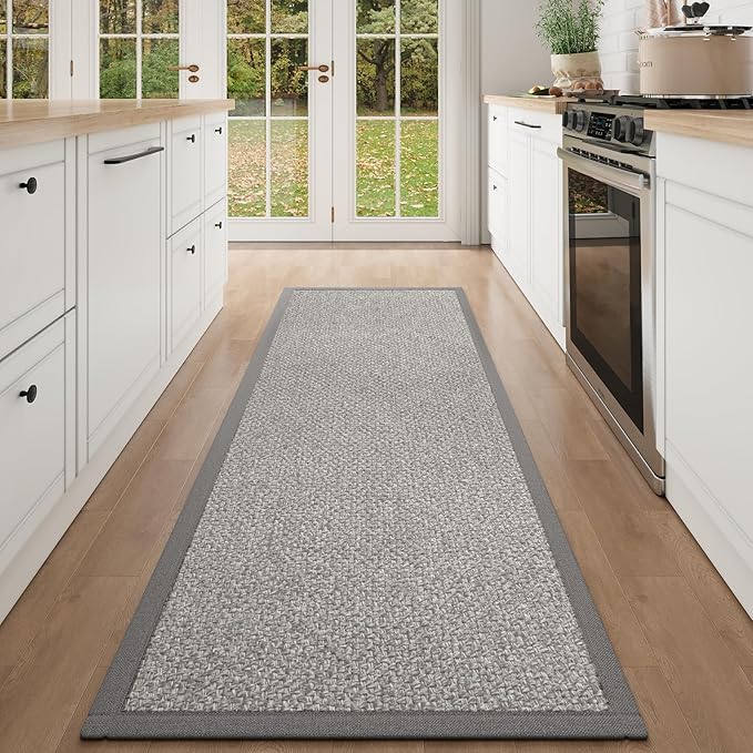 Washable Hallway Runner Rug 2x6 Jute Like Kitchen Runner Mat Rugs Non Slip, Woven Soft Entryway Farmhouse Runner Boho Floor Carpet for Indoor Laundry Hall Backdoor Bedroom Living Room, Grey