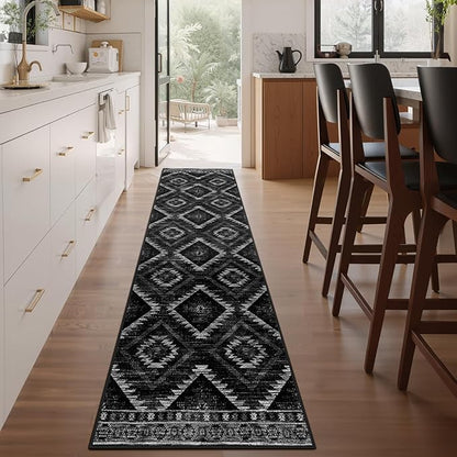 Area Rug 2x8 Rug Machine Washable Non-Slip Low Pile Print Pattern Western Rug for Living Room Bedroom Entryway Tribal Series-Black