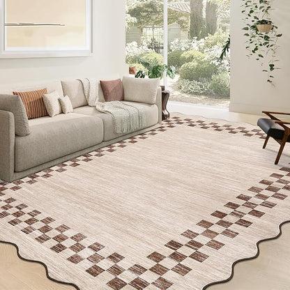 GarveeHome 10x13 Area Rug Large Living Room Scalloped Rug Non Slip Low Pile Bedroom Throw Carpet Soft Modern Bordered Dining Room Rug Stain Resistant Boho Carpet for Home Office, Beige
