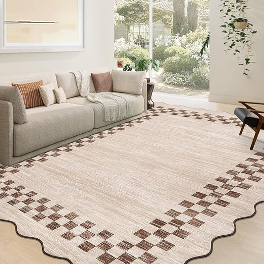 GarveeHome Scalloped Washable Rug 9x12 Area Rug for Living Room Modern Border Large Bedroom Throw Carpet with Rubber Backing Stain Resistant Boho Rug for Dining Room Home Decor Office, Beige