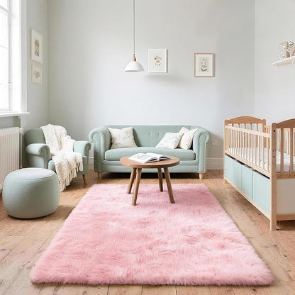 3x5 Solid Fluffy Pink Area Rug – Washable, Durable, Living Room Rug, Non-Slip High Pile Shag Rugs for Bedroom, Living Room, Bedside, Dorms, Nursery Rooms, Kids Room, Soft Indoor Floor Carpet
