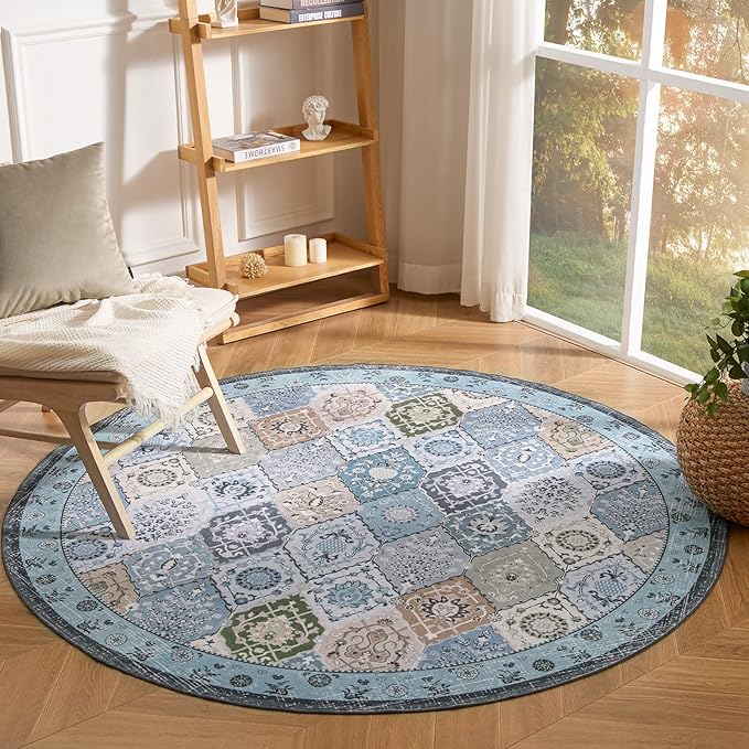 Phantoscope Washable Round Area Rug 6ft Non-Slip, Vintage Boho Rugs for Living Room, Bedroom, Dining Room, Distressed Moroccan Mosaic Diamond Pattern, Low-Pile Foldable Floor Carpet, Blue Teal/Neutral