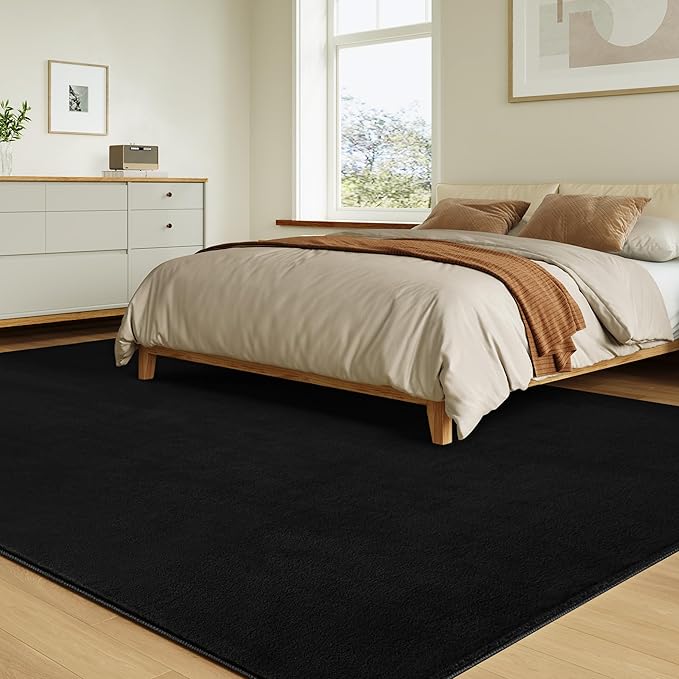 Solid Washable Area Rug - 3x5 Medium Pile Faux Cashmere Carpet for Living Room Bedroom, Black