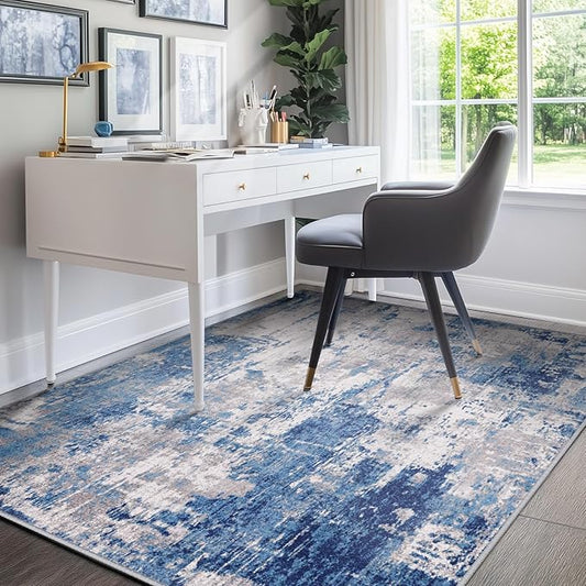 Washable Area Rugs 4'x5' Non-Slip Modern Abstract Soft for Living Room Entryway Bedroom Nursery, Print Pattern, Blue Grey Navy Gray