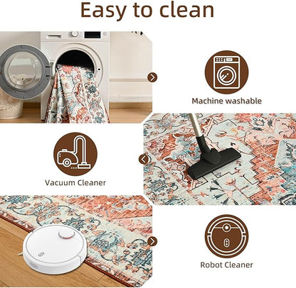 YJ.GWL Area Rugs for Living Room 5x7 Machine Washable Rugs, Non Slip Floral Vintage Rug Indoor Carpet, Stain Resistant Large Rug for Bedroom Dining Room, Copper Tan