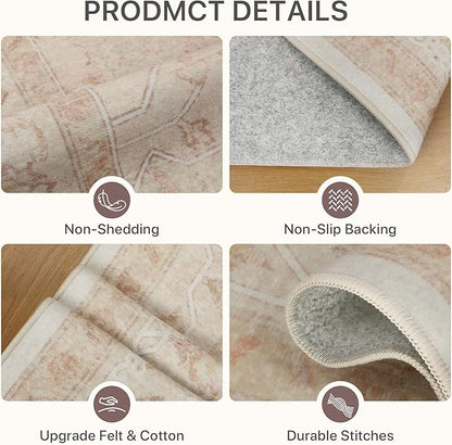 8x10 Area Rugs for Living Room, Machine Washable Non Slip Vintage Rugs, Low Pile Lightweigt Print Indoor Rug for Bedroom, Dining Room, Home Office, Pink