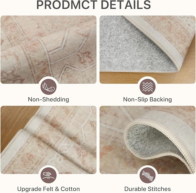 5x7 Area Rugs for Living Room, Machine Washable Rug, Non Slip Vintage Rugs, Low Pile Lightweight Print Rug for Bedroom, Dining Room, Home Office, Pink