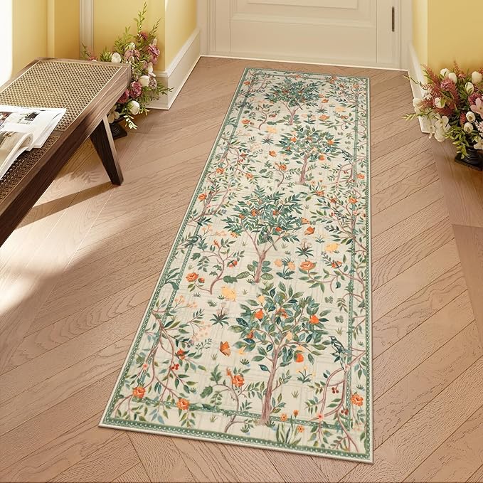 Morebes Boho Floral Washable Runner Rug 2x6, Flower Bathroom Sage Green Runner Rugs for Hallway Non Slip, Soft Botanical Birds Indoor Throw Carpet for Entry Bedroom Laundry Room