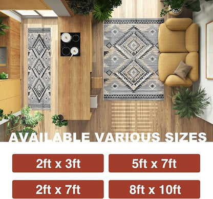 YHSF South West Native American Rug Ritz – Native Tribal American Indian Inspired Rug - Living Room, Bedroom, Hallway, Entryway & High Traffic Area Rugs Washable - Soft - Light Grey, 8 Feet x 10 Feet