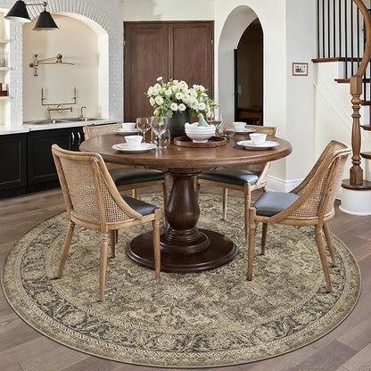 8x8 Washable Brown Round Rug Vintage Living Room Bedroom Circle Rug Non-Slip Soft Low Pile Distressed Indoor Carpet for Kitchen Dining Room Office