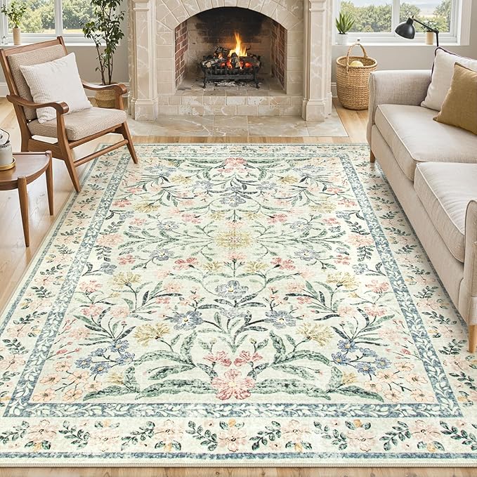 Lahome Boho Rugs for Living Room, Washable Large 8 x 10 Area Rugs for Bedroom Non Slip, Soft Ultra-Thin Distressed Floral Throw Carpet for Office Dining Room, Cream/Multi