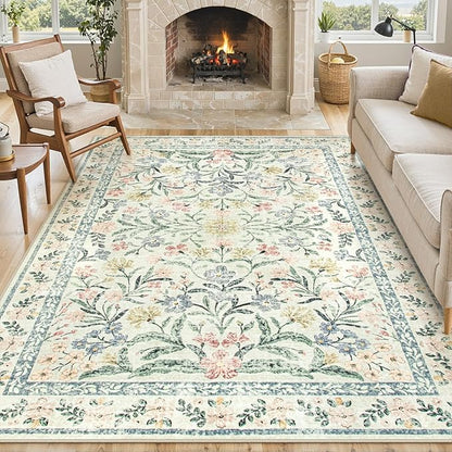 Lahome Boho Rugs for Living Room, Washable Large 8 x 10 Area Rugs for Bedroom Non Slip, Soft Ultra-Thin Distressed Floral Throw Carpet for Office Dining Room, Cream/Multi