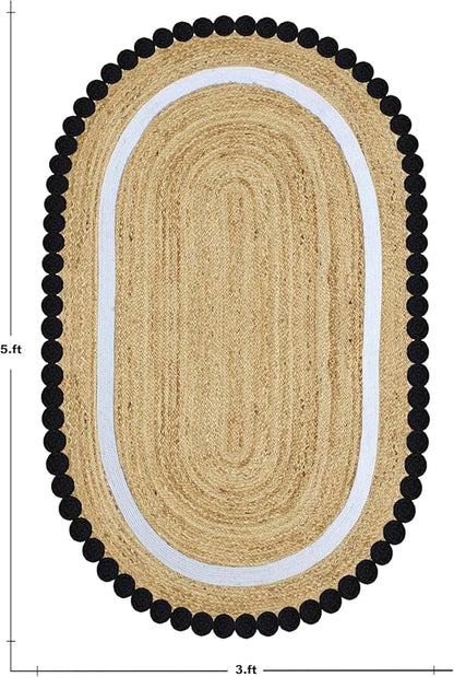 8x10 Oval Jute Rugs for Bedroom Kilim Rug Flatweave Rug Natural Jute Thick 0.27" Solid Pattern Black Beige Hand Braided Jute Handmade Boho Indoor Outdoor Rugs for Living Room Dining Room