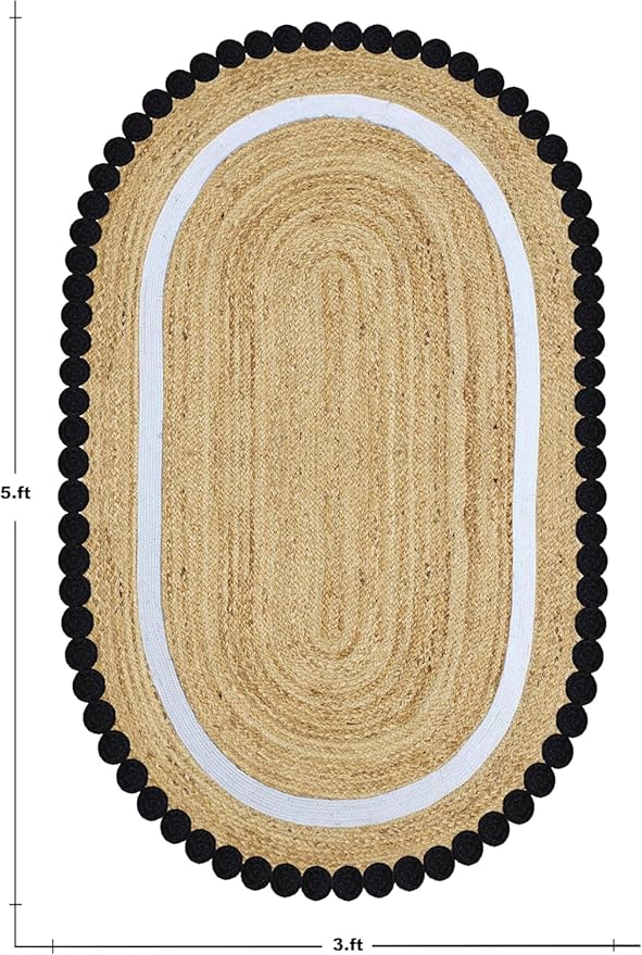 Kilim Oval Rug 4x6 Oval Flatweave Rug Natural Jute Thick 0.27" Solid Pattern Black Beige Hand Braided Jute Handmade Boho Indoor Outdoor Rugs for Bedroom Living Room Dining Room