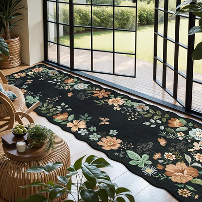 Lahome Floral Runner Rug for Hallways, 2'6''x8' Kitchen Runner Non Slip, Soft Washable Hallway Rugs with Rubber Backing Carpet for Laundry Bedroom Bathroom(Black/Grey)