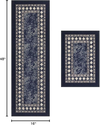 Antep Rugs Alfombras Modern Bordered 2pc Non-Skid (Non-Slip) Low Profile Pile Rubber Backing Indoor Kitchen Runner Rugs (Navy Blue, 2pc Set)