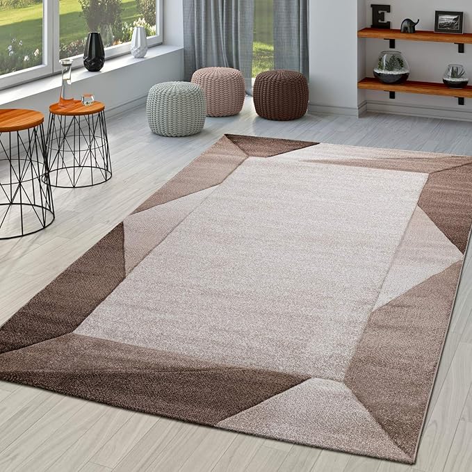 Paco Home Modern Area Rug Bordered with Geometric Pattern in Brown Beige with Contour Cut, Size: 2' x 3'7"