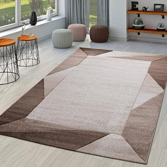 Paco Home Modern Area Rug Bordered with Geometric Pattern in Brown Beige with Contour Cut, Size: 6'7" x 9'6"