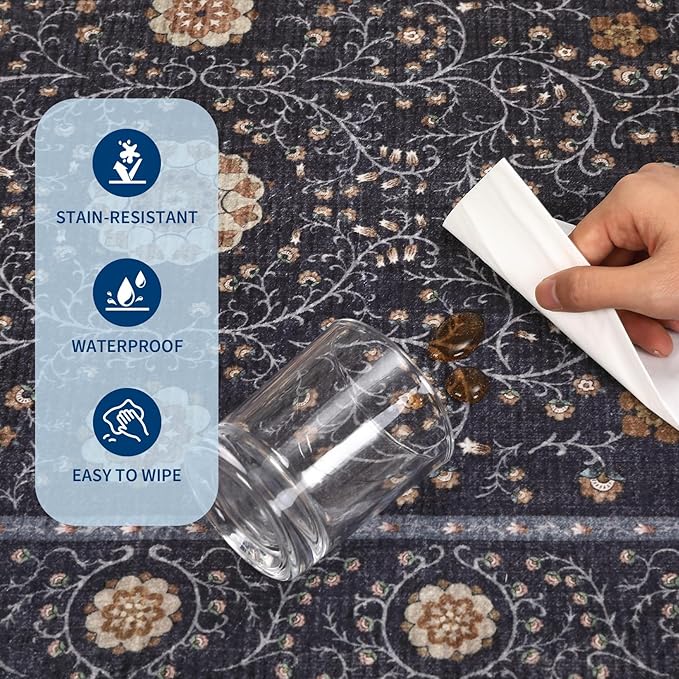 GarveeHome Boho 8x10 Area Rugs for Living Room, Floral Vintage Rugs for Bedroom with Soft Low Pile, Non Slip Stain Resistant Washable Rug 8x10 for Dining Room Blue Large Carpet for Office Playroom